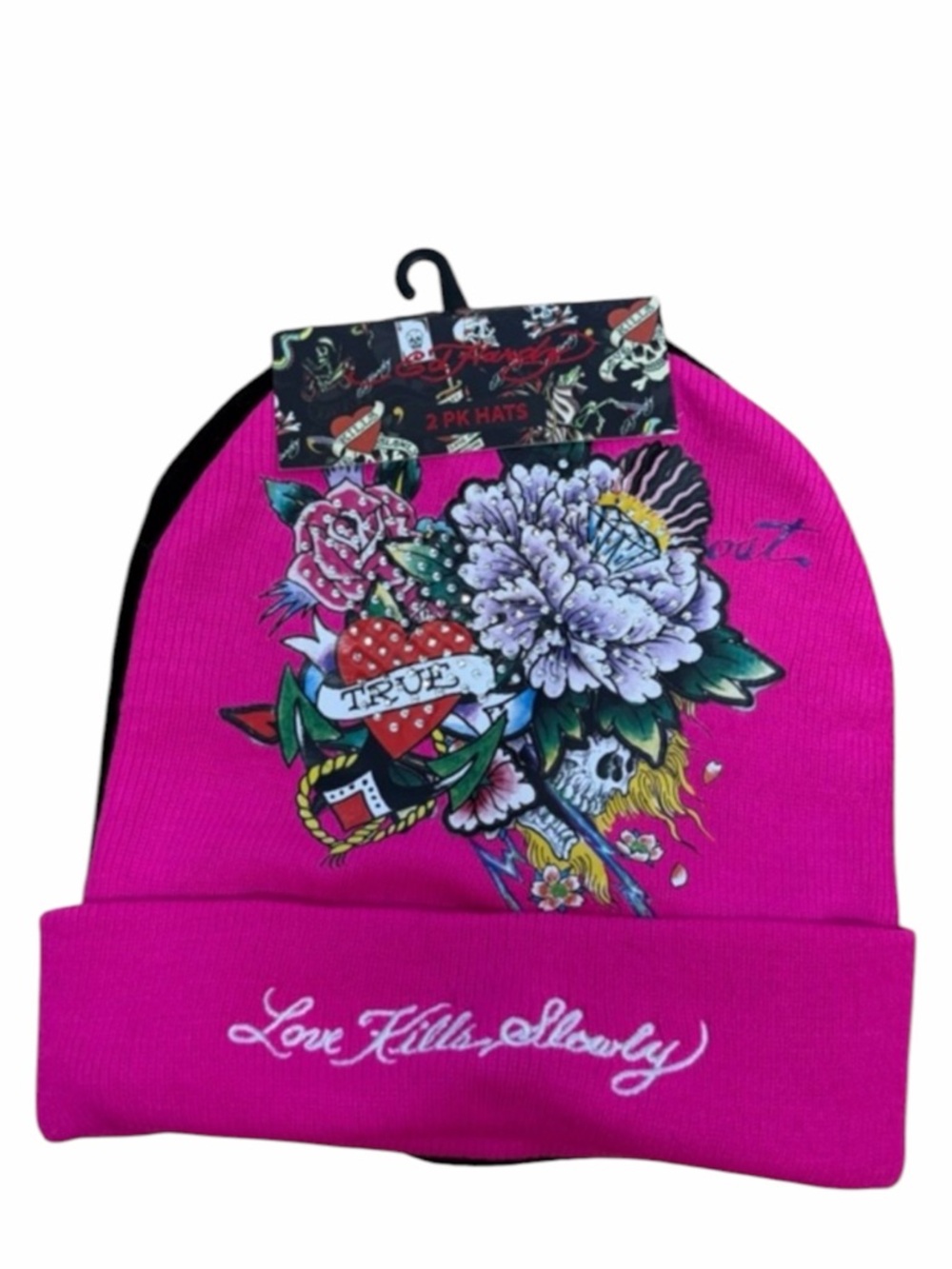 Ed Hardy Beanie Set 2 Pink Graphic + Black Tiger Logo Hat NWT